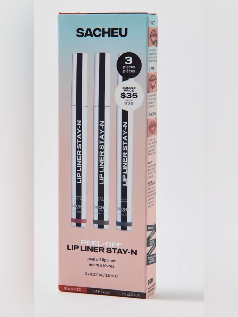 SACHEU Peel-Off Lip Liner Stay-N shades p-inked, HEY-zel, and cLOVER.